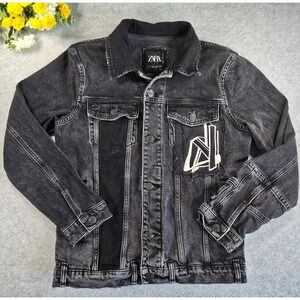 Zara Black Washed Denim Jacket with Graphic Detail